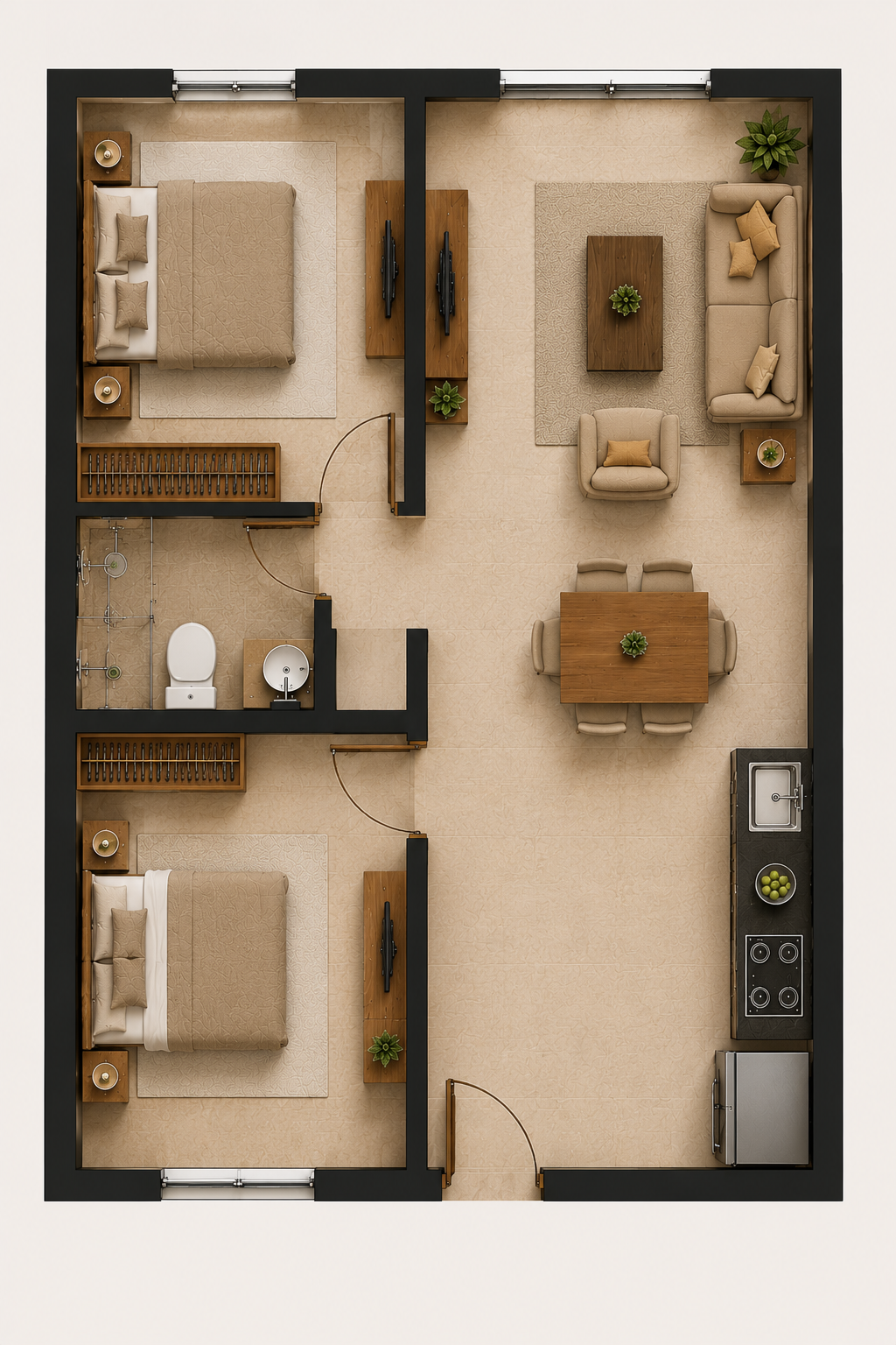 2 Bedroom 1 Washroom Apartments